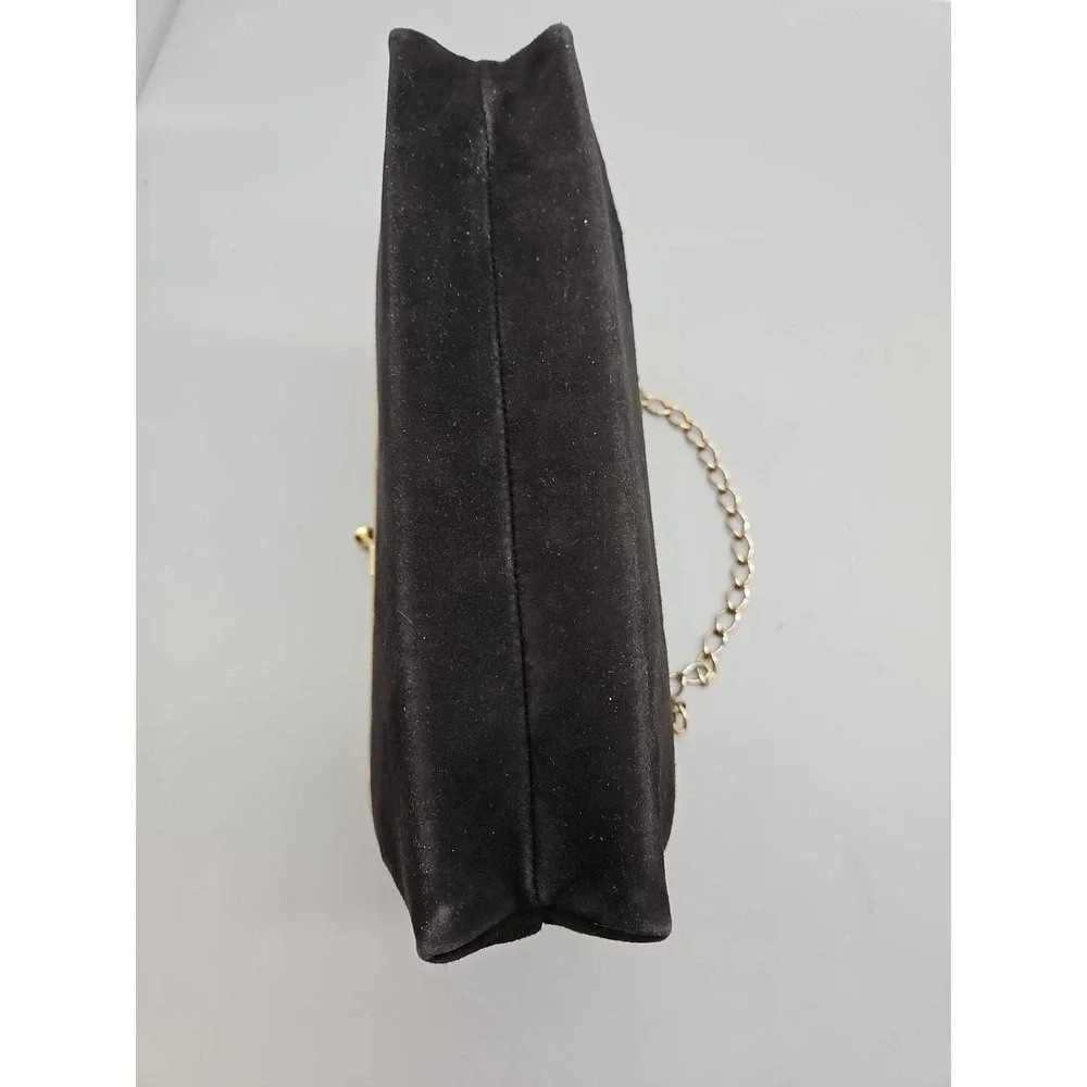 Vintage Black Suede Kiss Lock Evening Clutch Gold Studded Chain Strap Bag